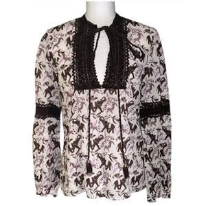 Tory Burch Cotton Embroidered Tunic Top Sz 8 Elephant Cheetah Print Boho (h